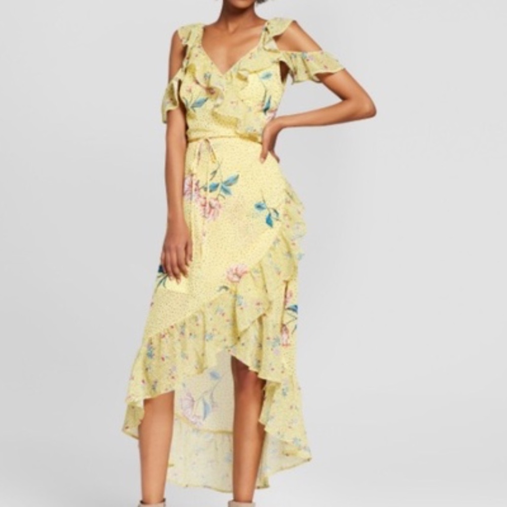 xhilaration yellow cold shoulder wrap floral dress